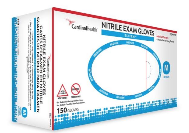 Cardinal Health Exam Gloves Nitrile Esteem Powder Free Non-Sterile Chemotherapy Textured Blue