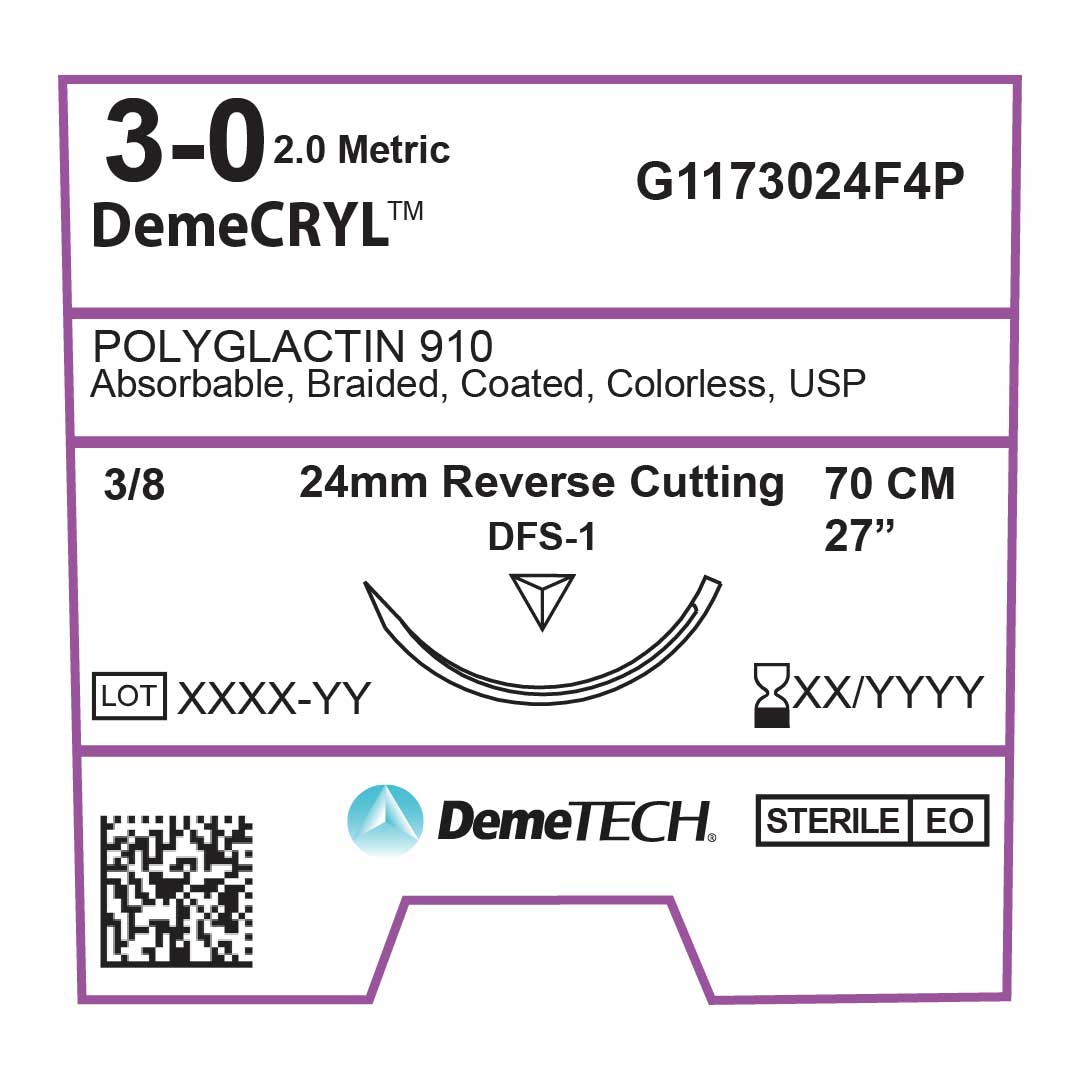 DemeTech G1173024F4P Synthetic (polyglactin 910), Absorbable Suture, 70cm, Colorless, 3/0 USP, 24mm, 3/8 Circle, Reverse Cutting