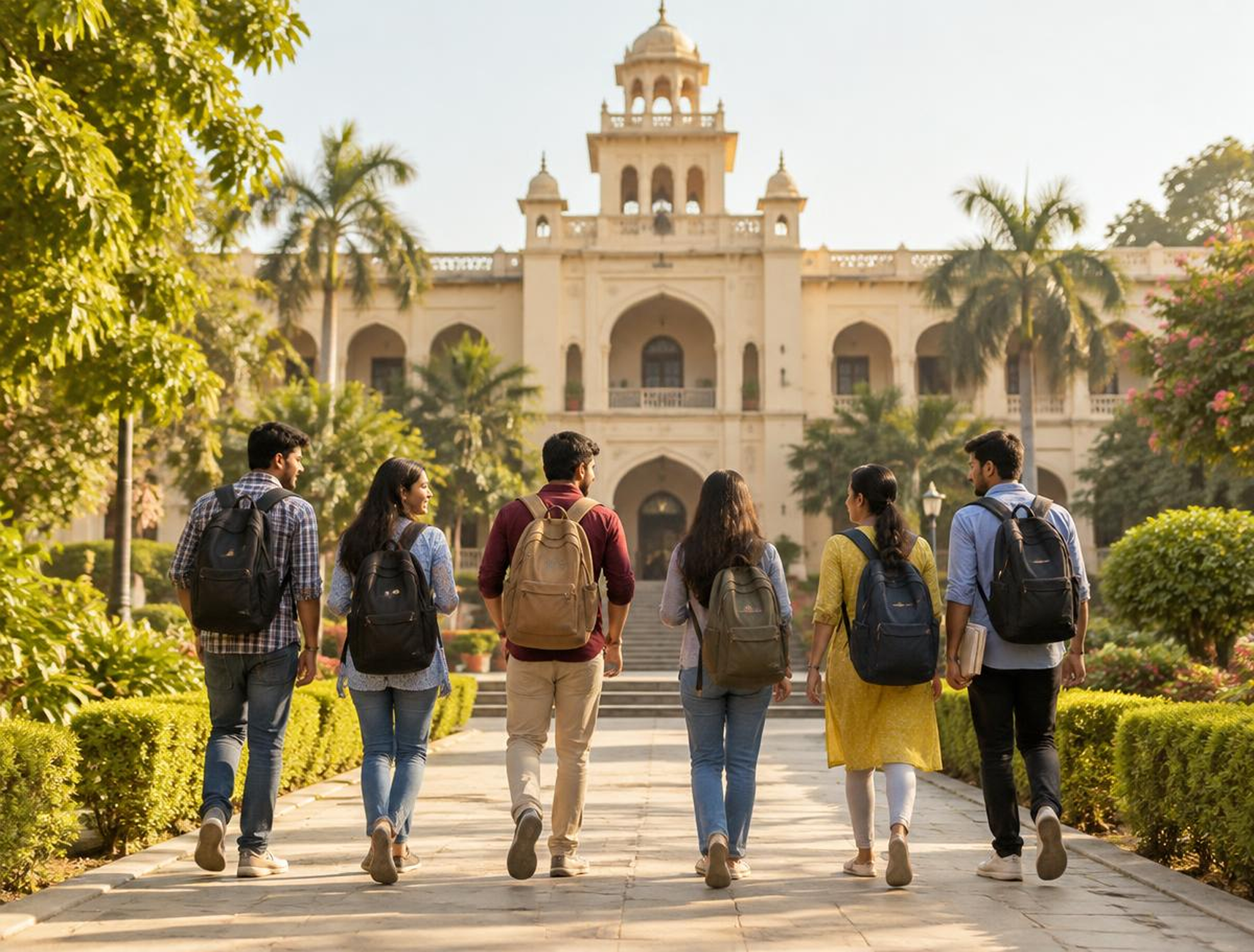 Students walking towards the Global Tamil University campus building