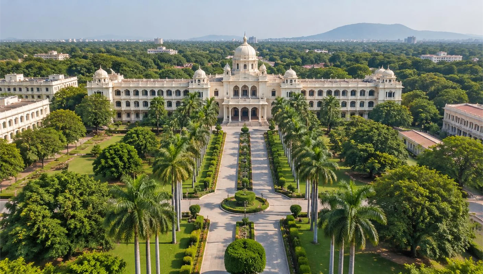 Aerial view of the Global Tamil University campus with gardens and palm-lined avenue