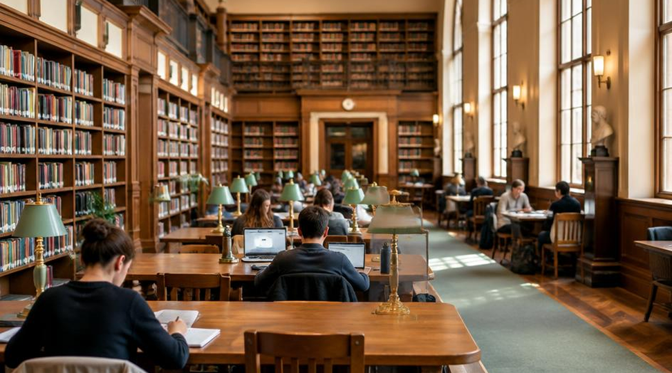 Students reading in the wood-panelled central library