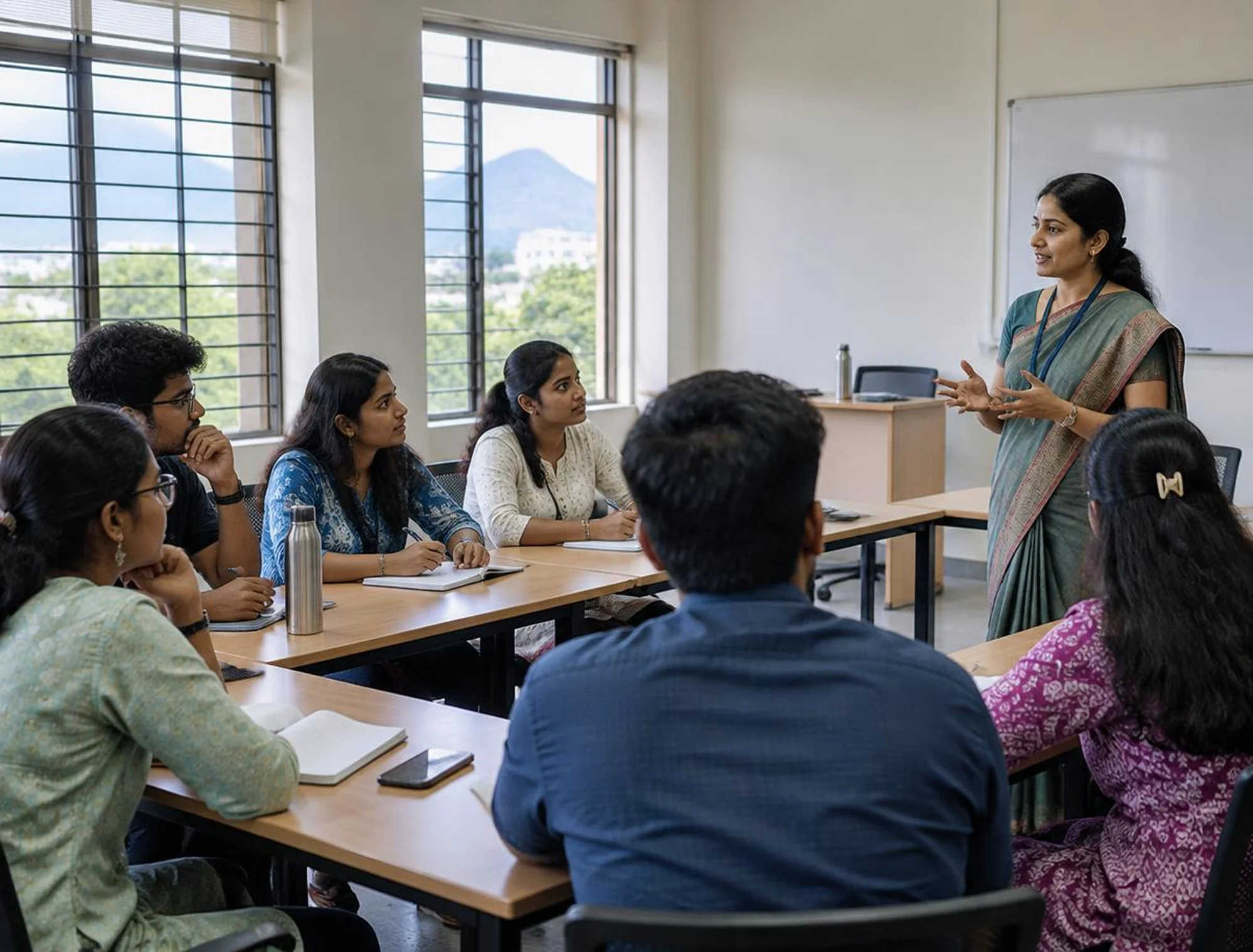 Students discussing in a classroom while a faculty member explains