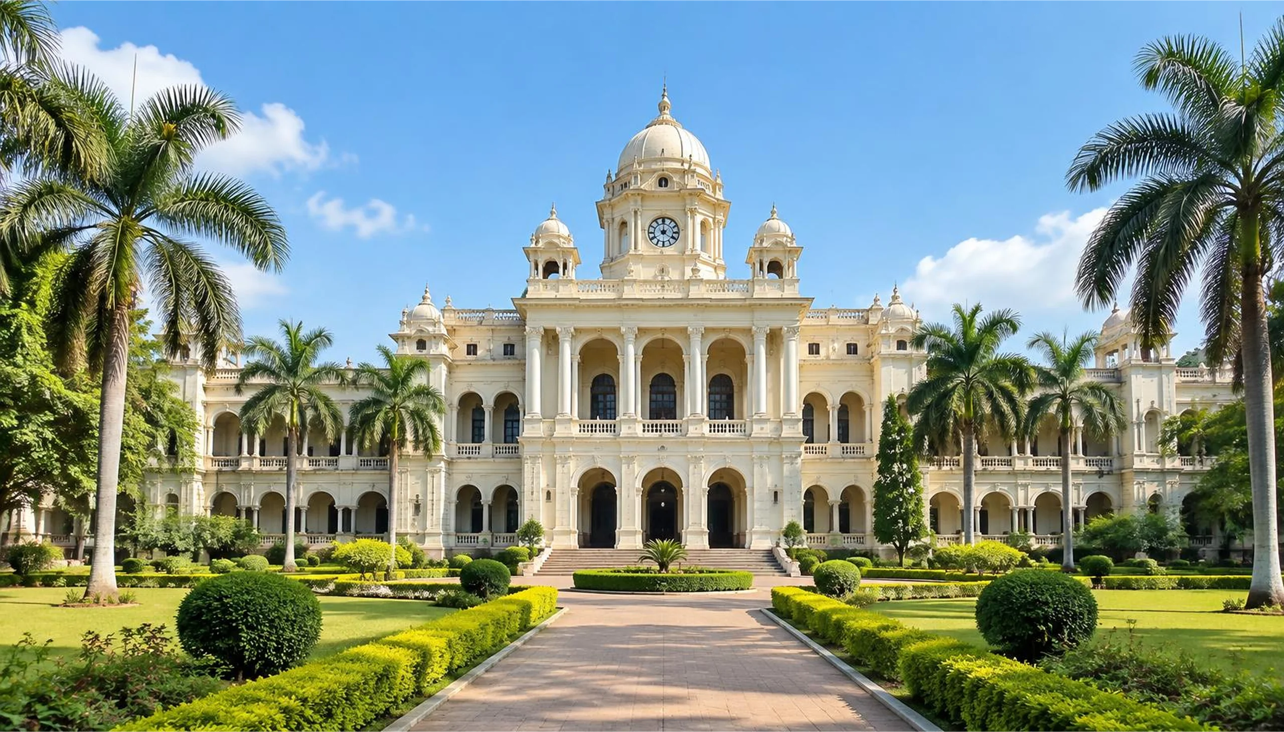 Aerial view of the Global Tamil University main building with palm-lined gardens and hills behind