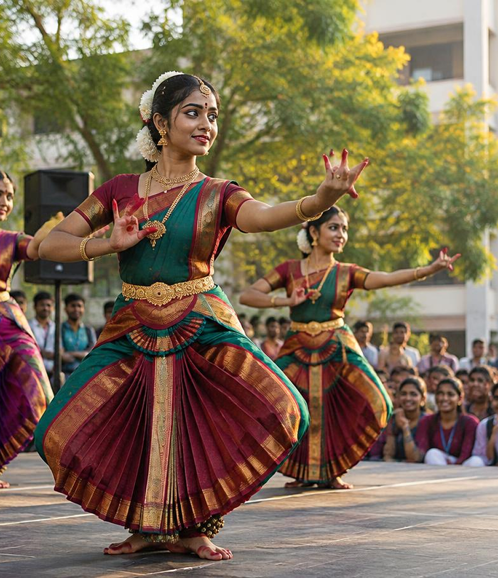 Students performing Bharatanatyam classical dance at a campus cultural event