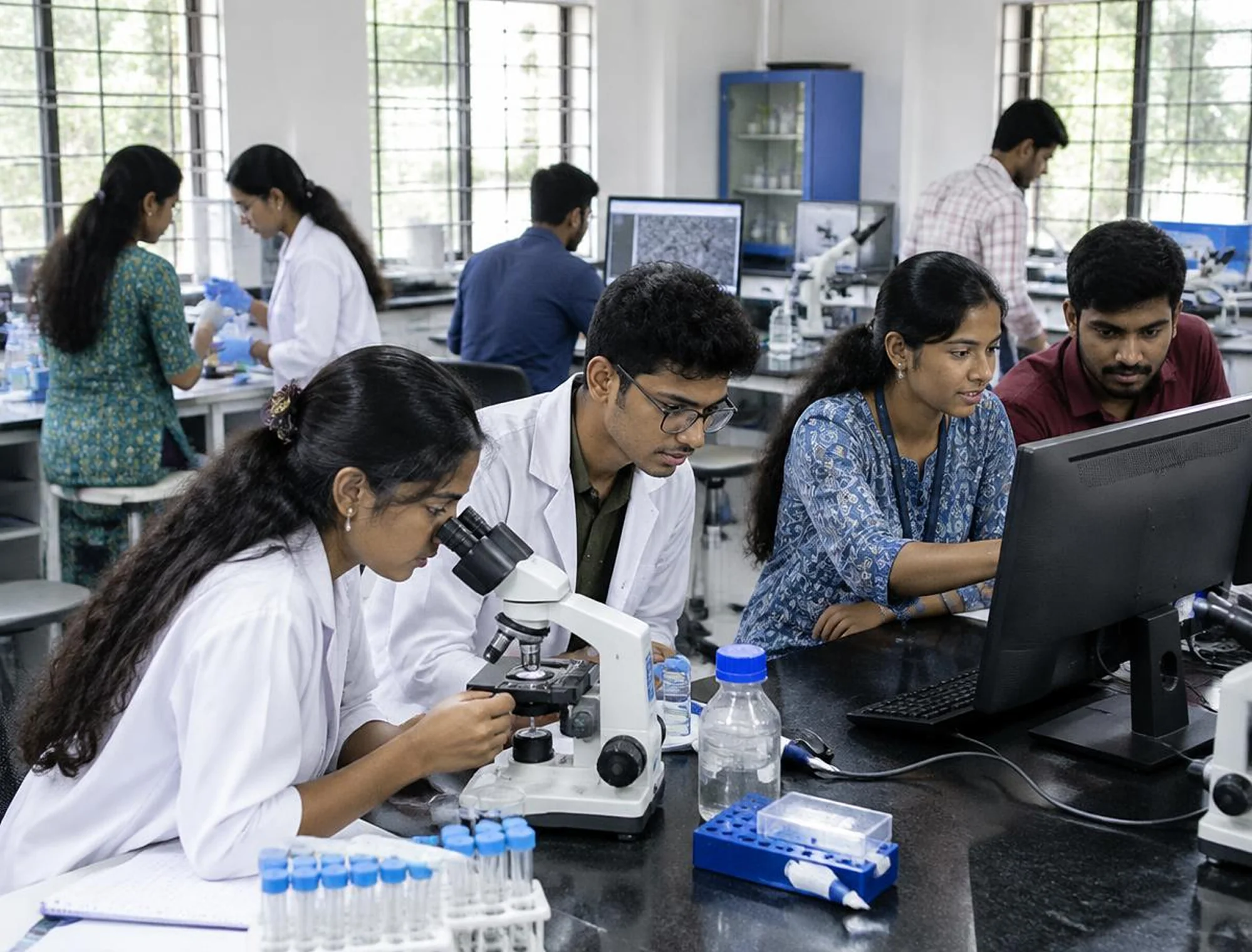 Students working with a microscope and computers in the science lab