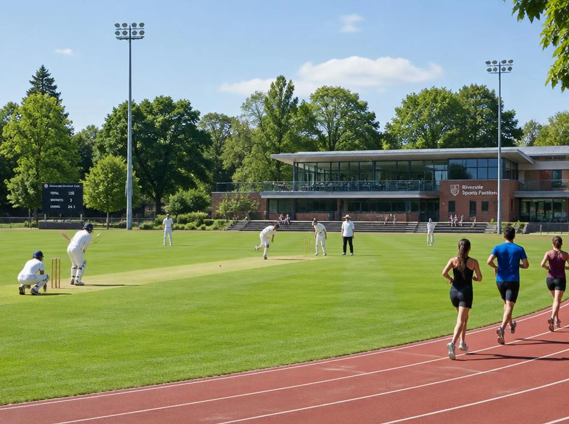 Students playing cricket on the campus sports ground in front of the pavilion