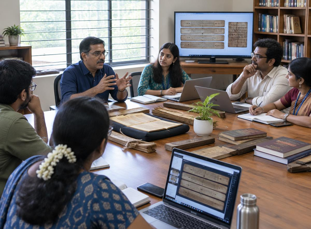 Faculty and students discussing research around a table