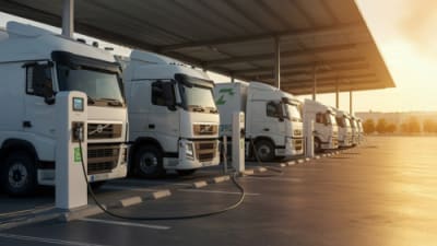Fleet of electric trucks parked in bays charging..png