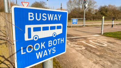 A Warning Sign For Drivers Approaching A Guided Busway In Cambridge.