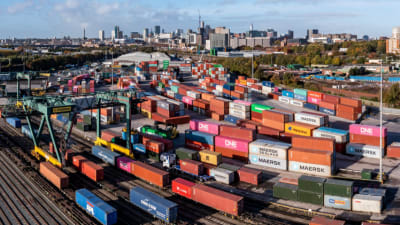 An Aerial View Of A Freightliner Rail Terminal In Birmingham With Shipping Containers Loading Onto Freight Trains