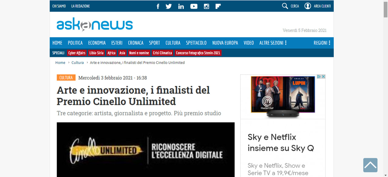 Arte e innovazione, i finalisti del Premio Cinello Unlimited Arte e innovazione, i finalisti del Premio Cinello Unlimited