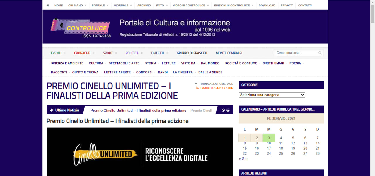 PREMIO CINELLO UNLIMITED – I FINALISTI DELLA PRIMA EDIZIONE PREMIO CINELLO UNLIMITED – I FINALISTI DELLA PRIMA EDIZIONE