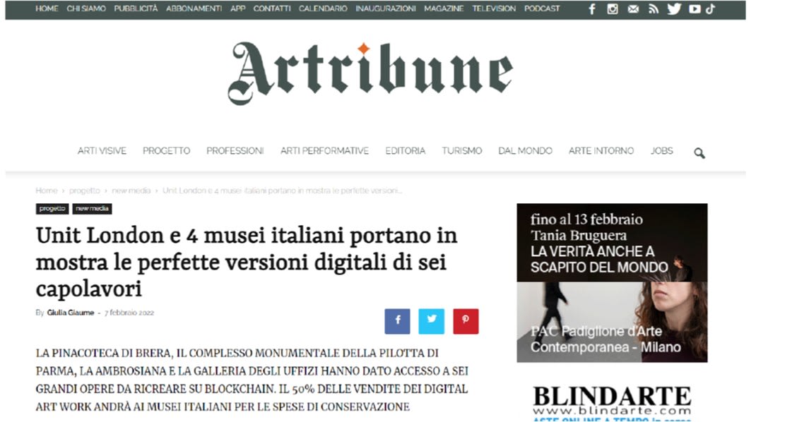 Unit London e 4 musei italiani portano in mostra le perfette versioni digitali di sei capolavori Unit London e 4 musei italiani portano in mostra le perfette versioni digitali di sei capolavori