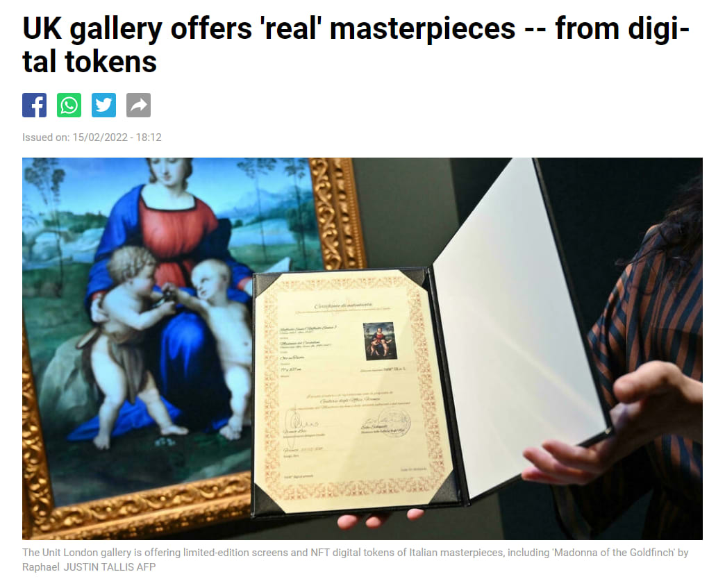 UK gallery offers 'real' masterpieces -- from digital tokens UK gallery offers 'real' masterpieces -- from digital tokens
