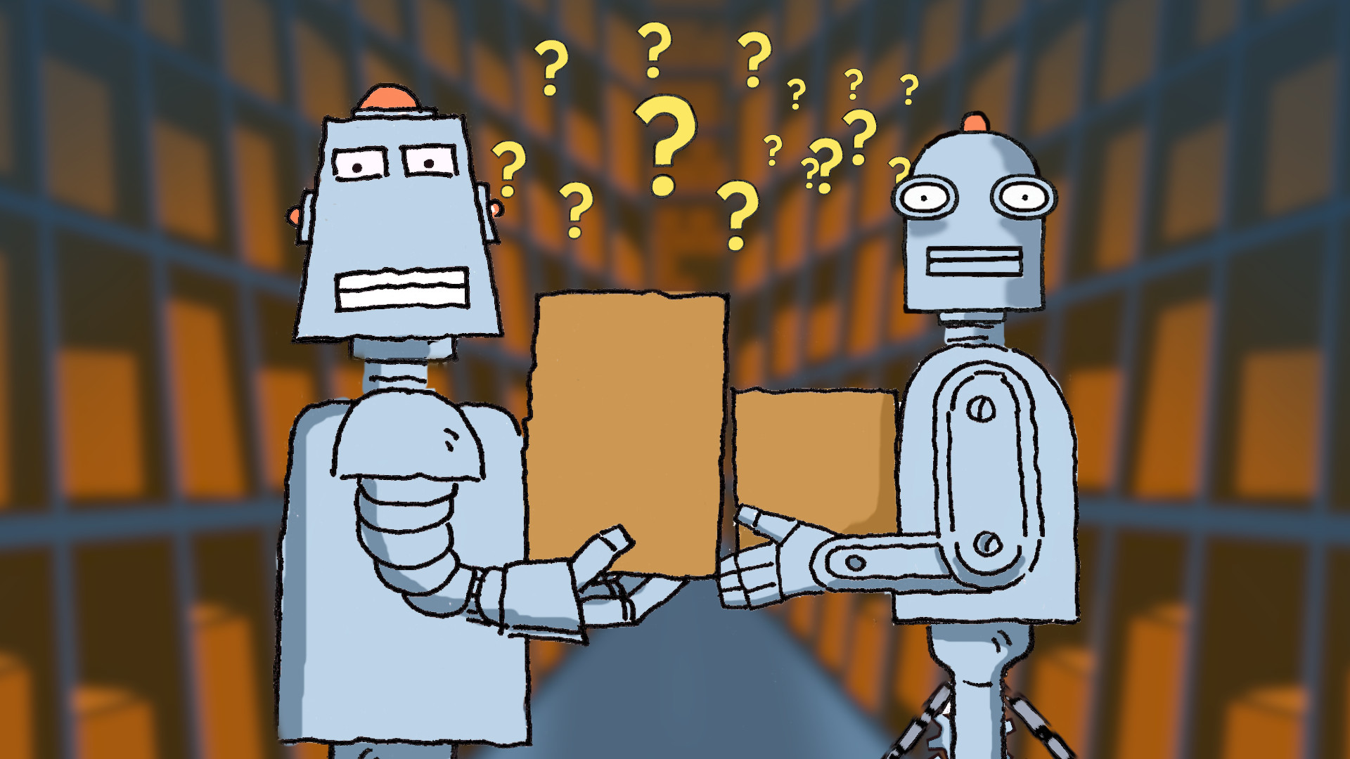 Two factory robots look on, perplexed"