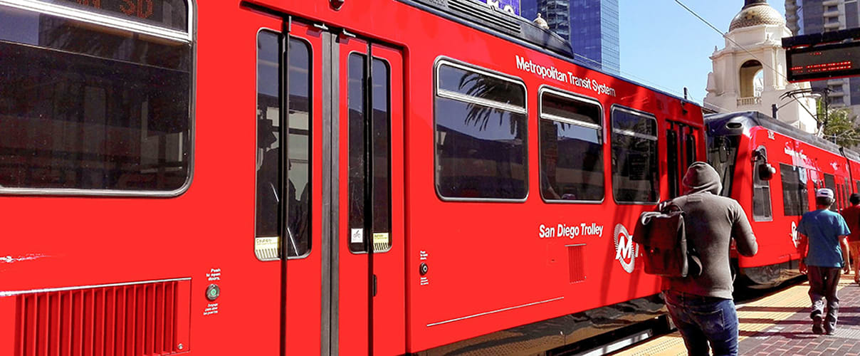Riders boarding the San Diego trolly Riders boarding the San Diego trolly