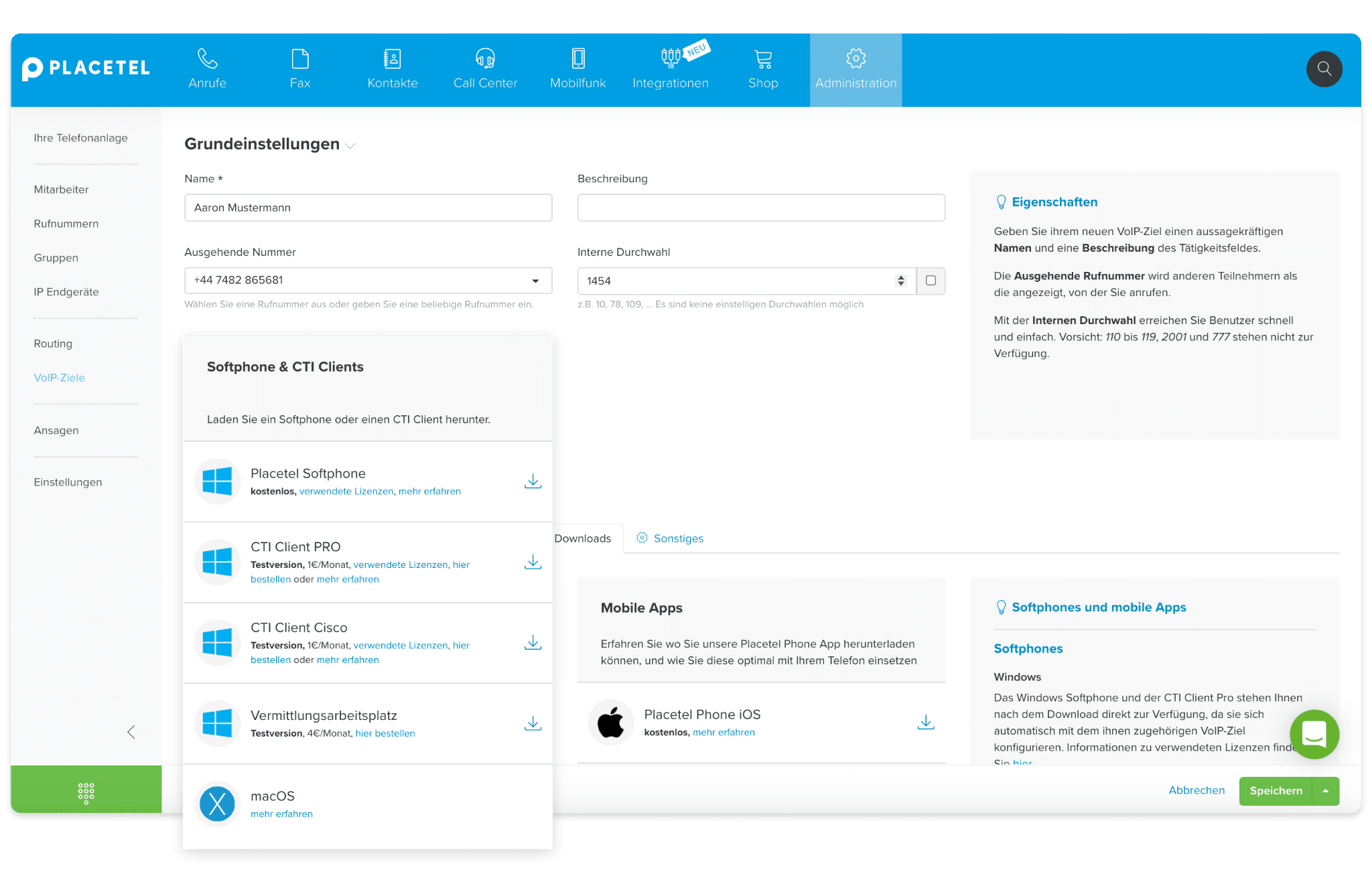 CTI Client Funktion & TAPI - Placetel