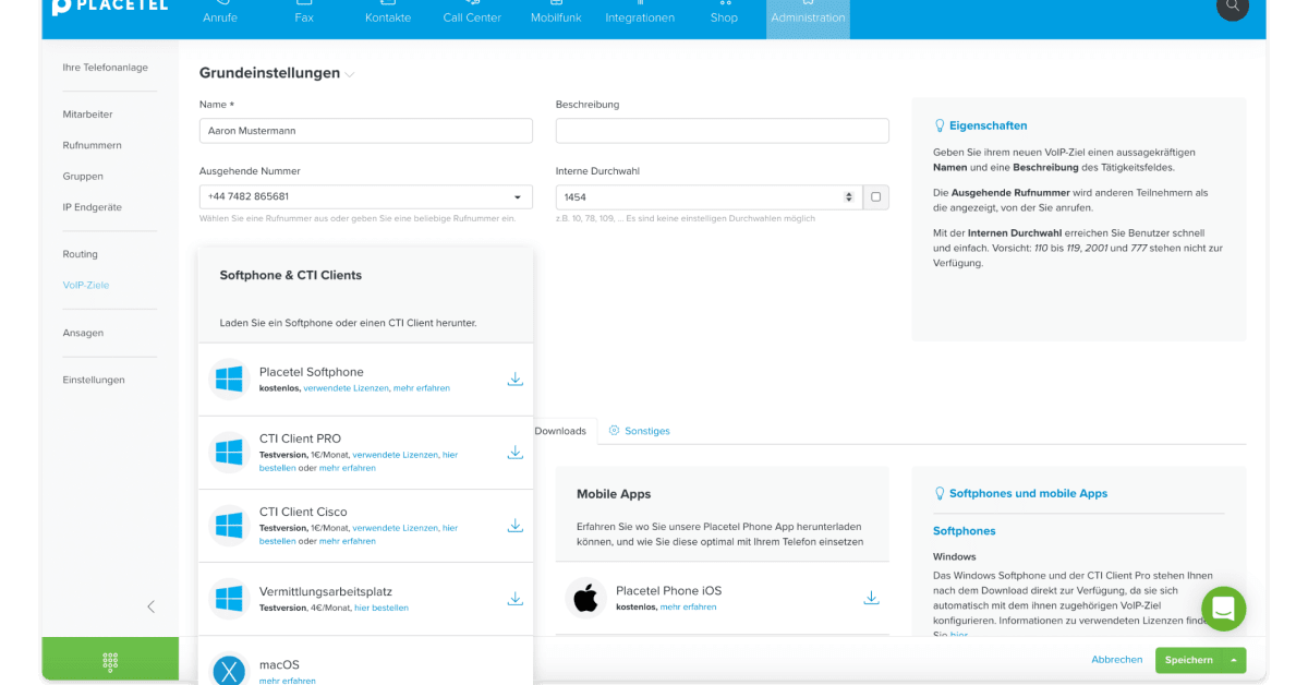CTI Client Funktion & TAPI - Placetel
