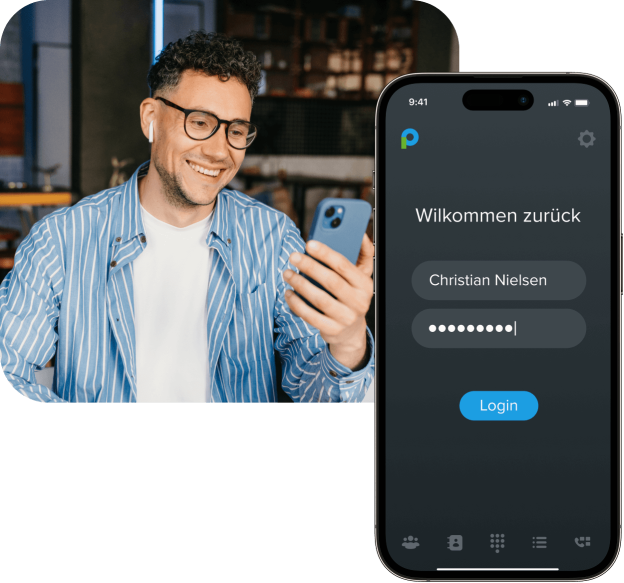 Mann, der die Placetel VoIP App auf seinem Handy nutzt.