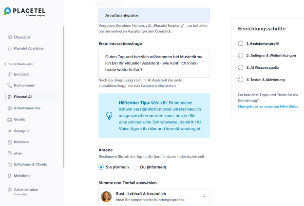 Begr&uuml;&szlig;ung, Stimme & Tonfall des KI-Anrufbeantworters im Placetel Webportal ausw&auml;hlen