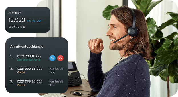 Mann im Homeoffice, der über seine Cloud Telefonanlage per Headset telefoniert