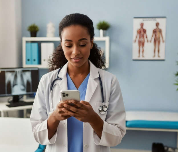 Junge &Auml;rztin, die &uuml;ber das Smartphone erreichbar bleibt