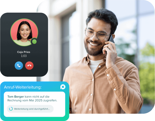 Mann, der &uuml;ber die Placetel Cloud-Telefonanlage via Smartphone-App telefoniert.