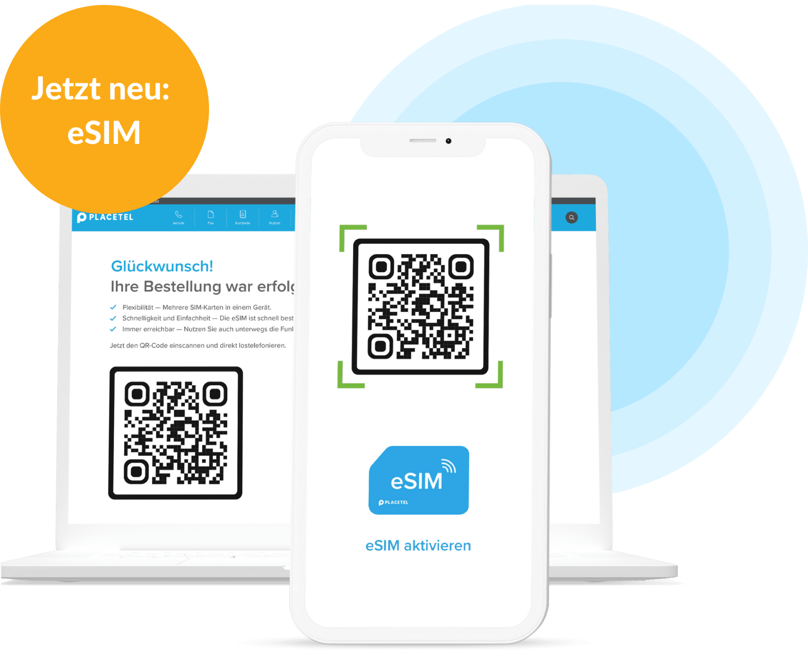 QR-Code auf Smartphone und Laptop für die eSIM Einrichtung