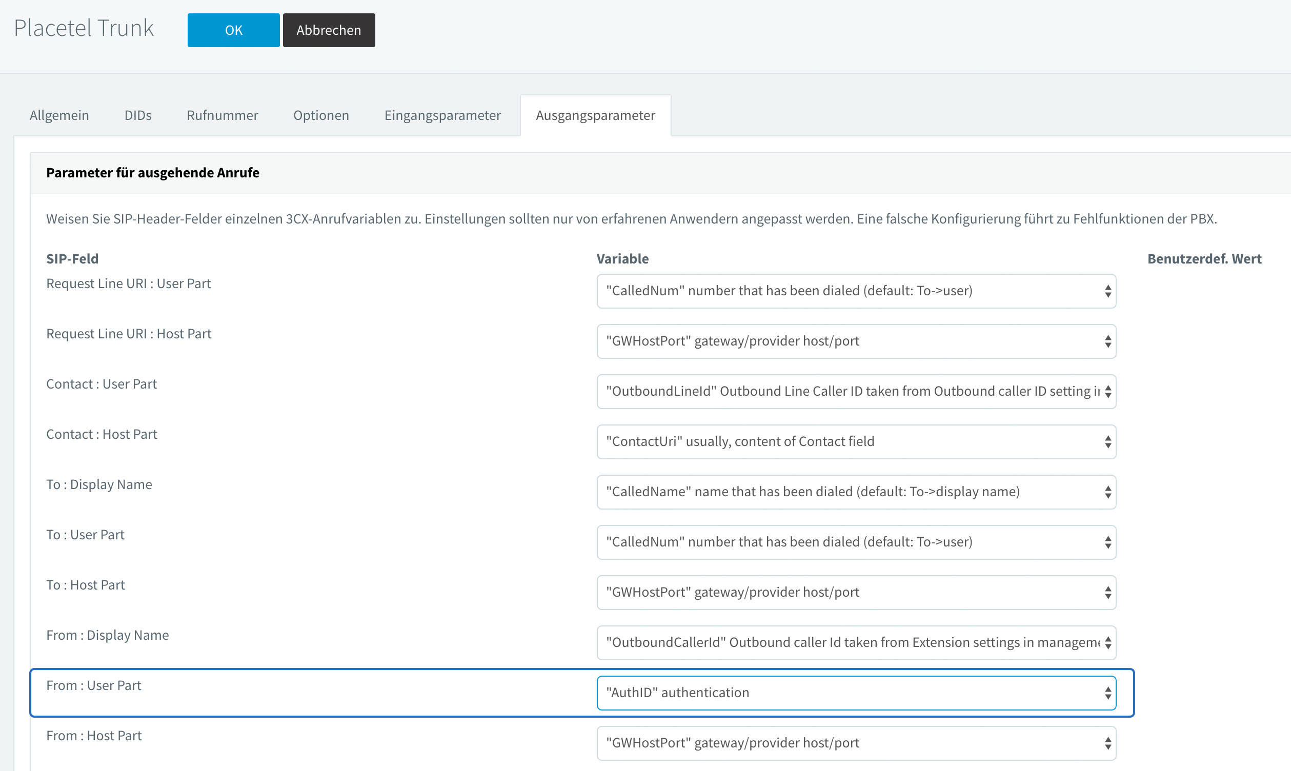 3CX Trunk - Ausgangsparameter einstellen