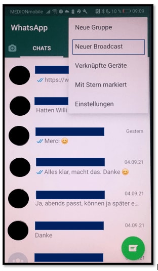 Screenshot von WhatsApp: Über die Menüpunkte oben rechts kann eine Broadcast-Liste in WhatsApp angelegt werden.