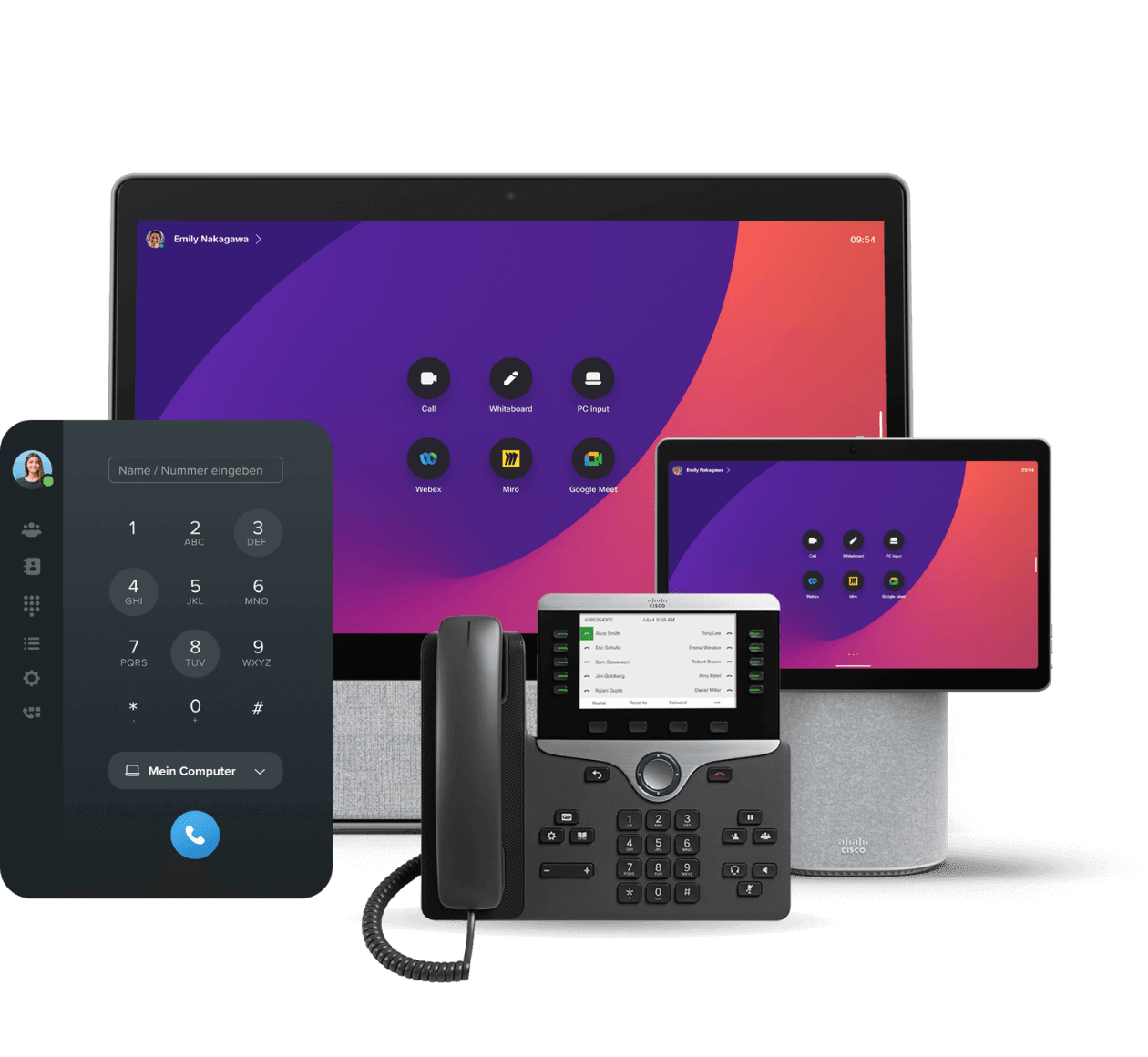 Verschiedene Hardware-Devices von Cisco wie Telefon, Cisco Desk Mini oder Cisco Desk Pro