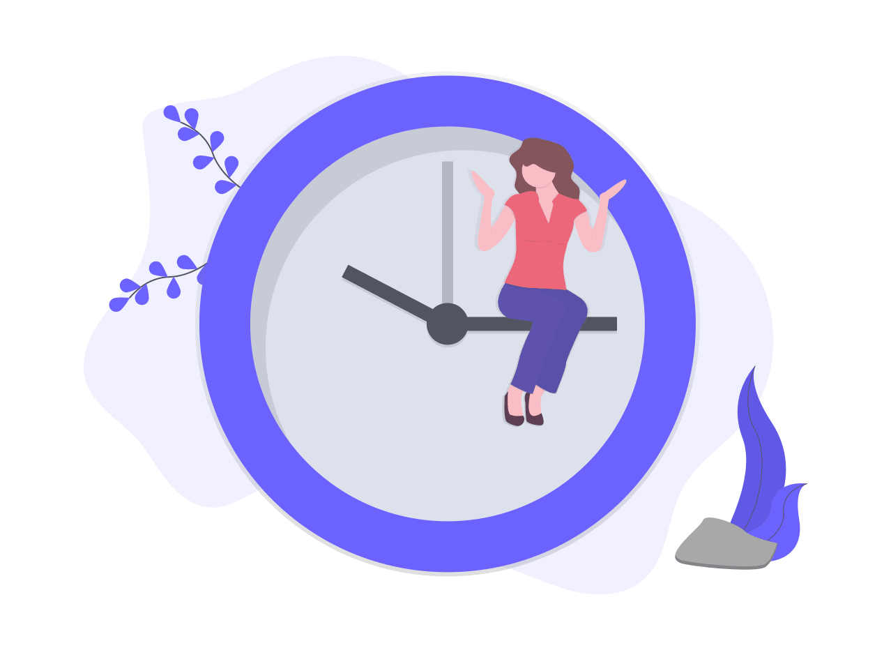 Grafik, die eine Uhr abbildet, auf deren Zeiger eine Frau die Hände fragend in die Luft hebt