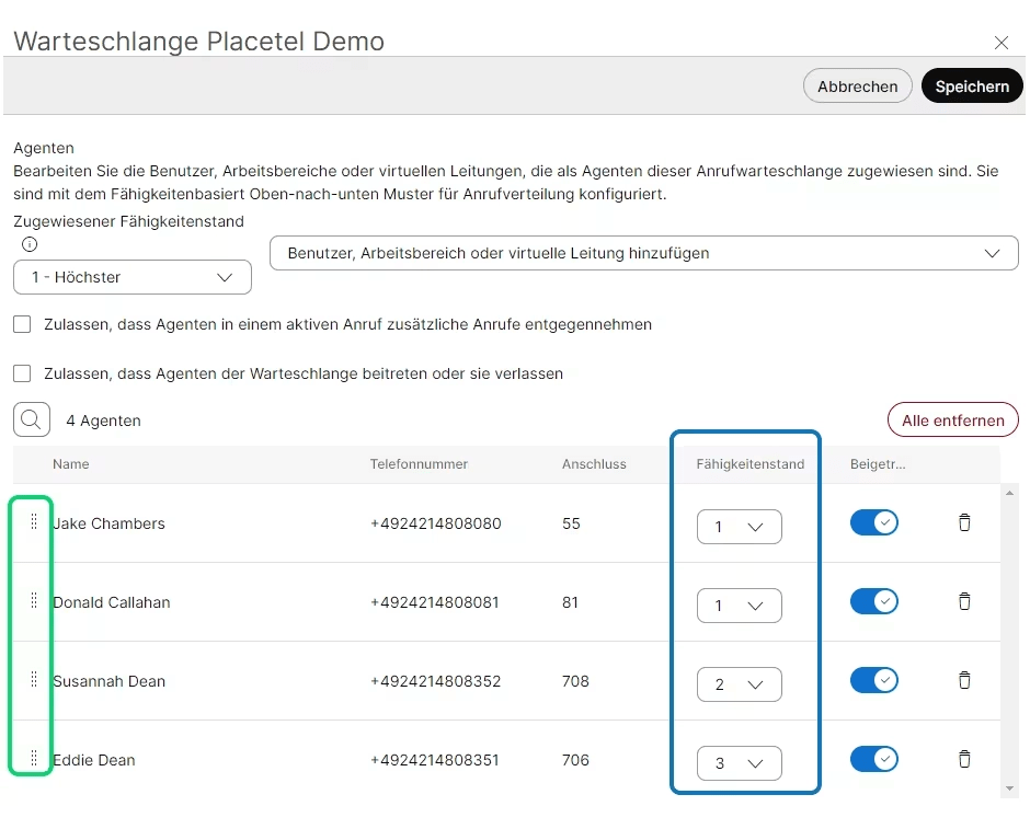 Weboberfläche des Call-Centers von Placetel. Einrichtung von Warteschlangen.