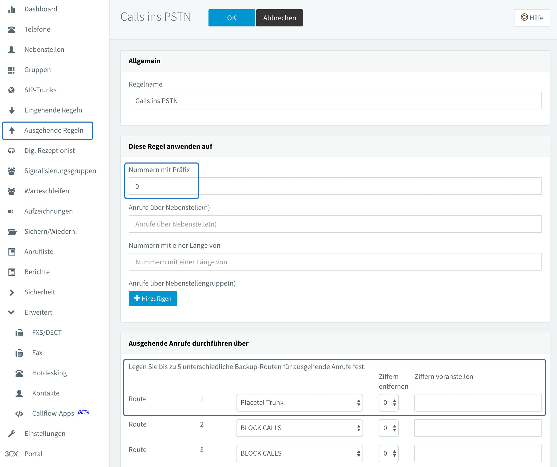 3CX Trunk - ausgehende Regeln festlegen