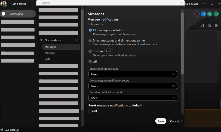 Einstellungen zu Benachrichtigungen in der Webex App