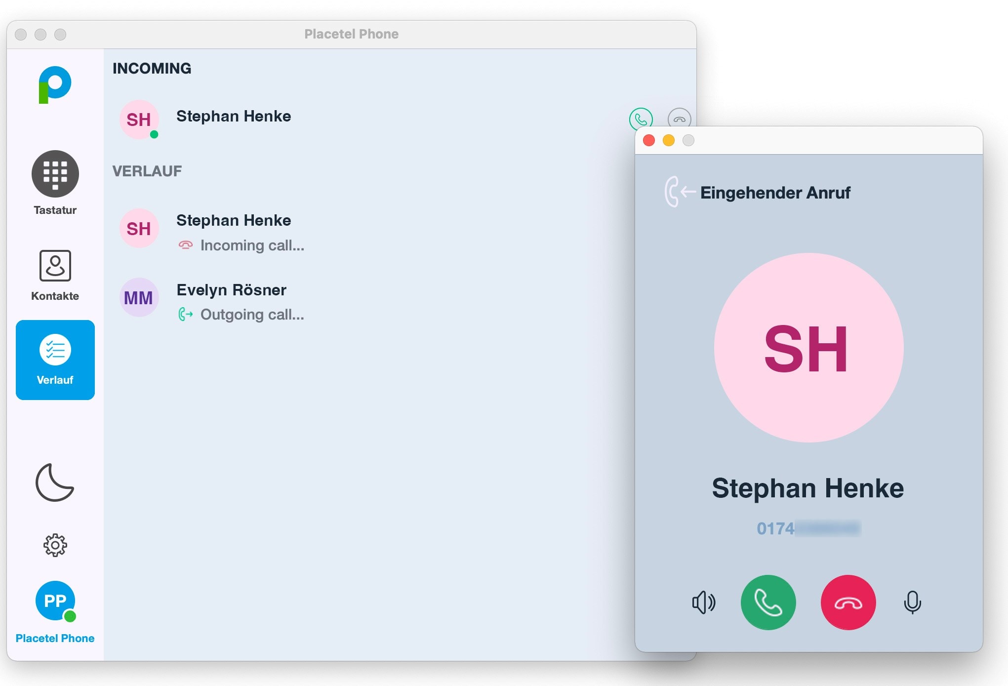 Oberfläche des Placetel Softphones für Mac