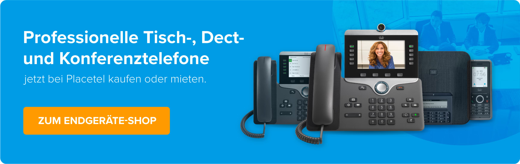 Banner zum Placetel Endgeräte-Shop mit verschiedenen Business-Telefonen