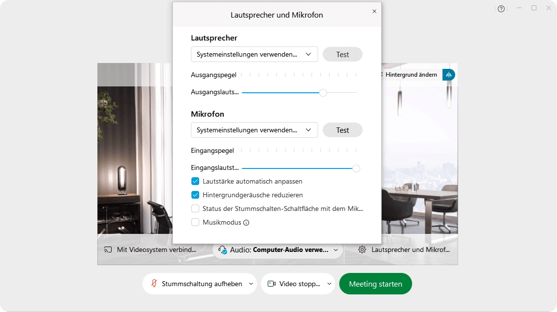 Audioeinstellungen bei Webex vor der Teilnahme am Meeting