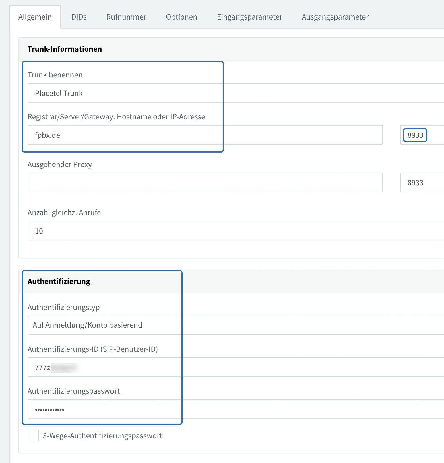 3CX Trunk - Zugangsdaten eingeben