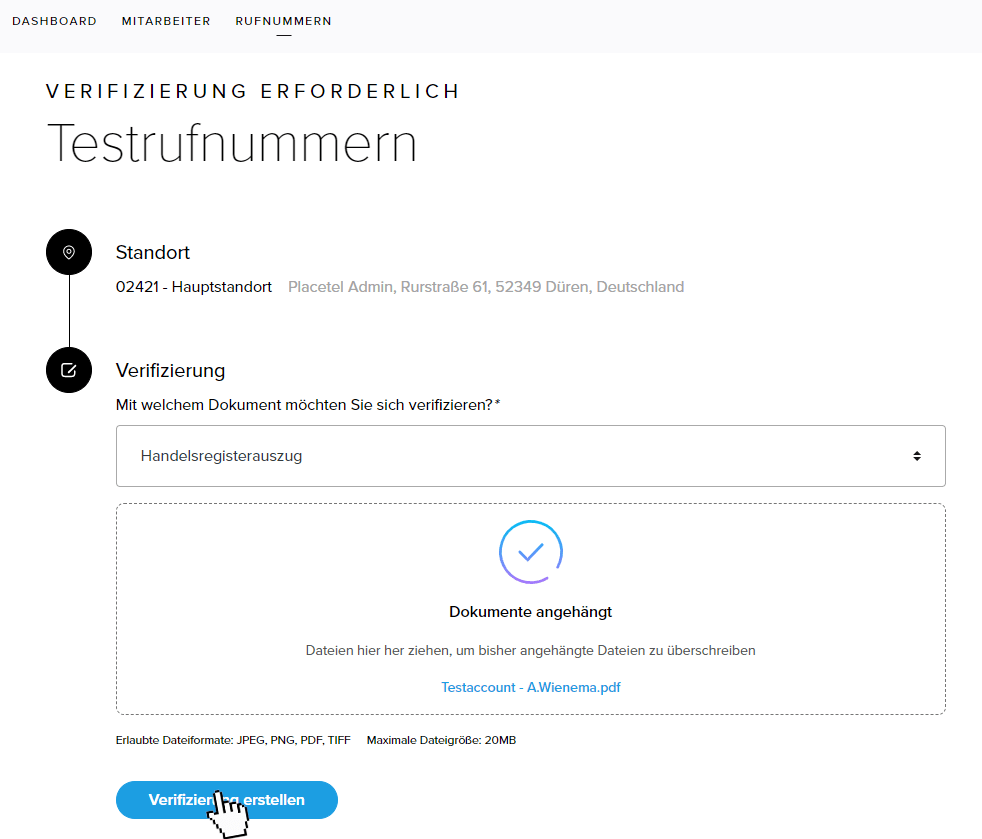 Testrufnummern verifizieren im Webportal von Webex für Placetel