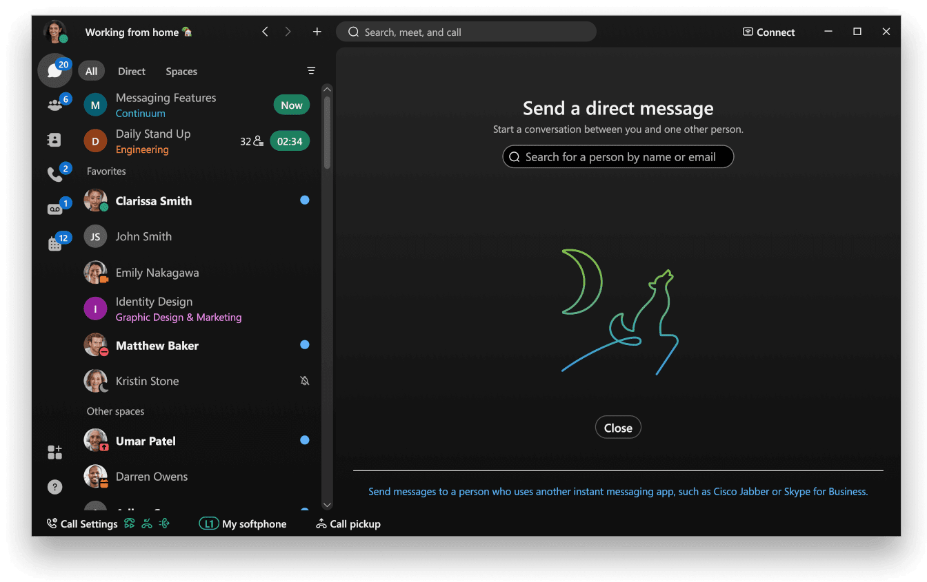 Screenshot, der zeigt, wie man Direktnachrichten im Webex-Chat senden kann