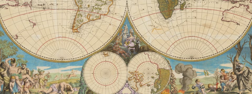 John and Jacqui Mullen Collection 展览宣传图：1720 年六幅拼接世界地图
