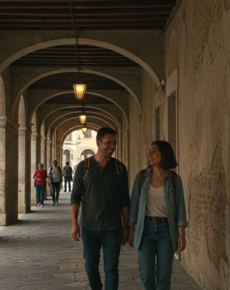 photograph,wall,arch,standing,pedestrian,arcade,vault,travel,concrete,column,vacation,walking