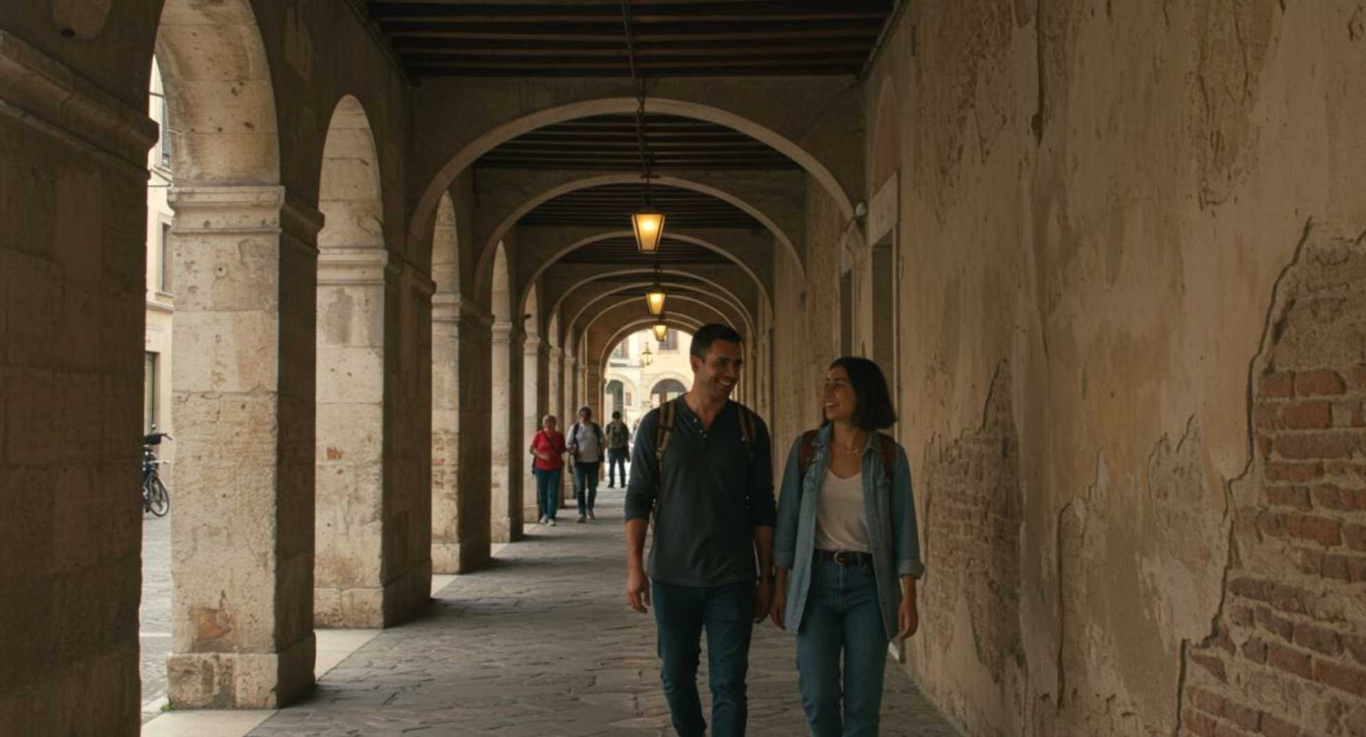 photograph,wall,arch,standing,pedestrian,arcade,vault,travel,concrete,column,vacation,walking
