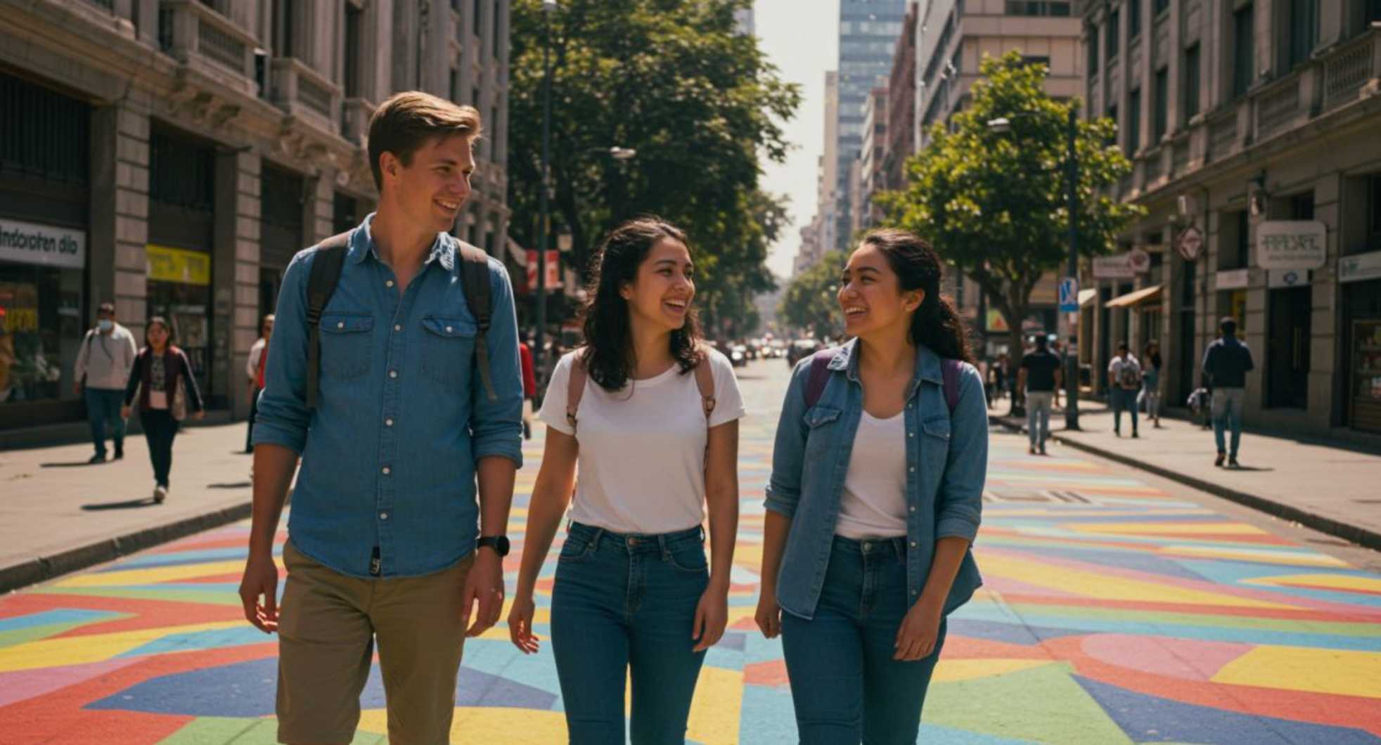 people,happiness,pedestrian,smile,waist,luggage &amp; bags,bag,leisure,denim,travel,sidewalk,walking