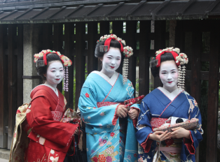 Three Geisha's dressed in traditional kimonos, Kyoto Ja