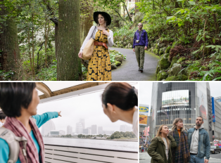 People walking in a forest, two ladies viewing Yokohama