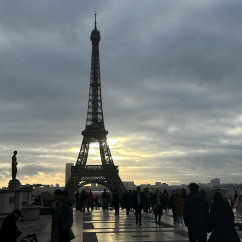 Silhouetted crowd at Trocadéro overlooking the Eiffel Tower.