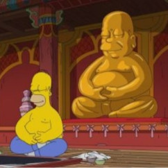 Cartoon figures standing and sitting on a wooden floor inside a decorated hall.