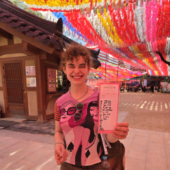 A cheerful moment with vivid colors and laughter in Seoul.